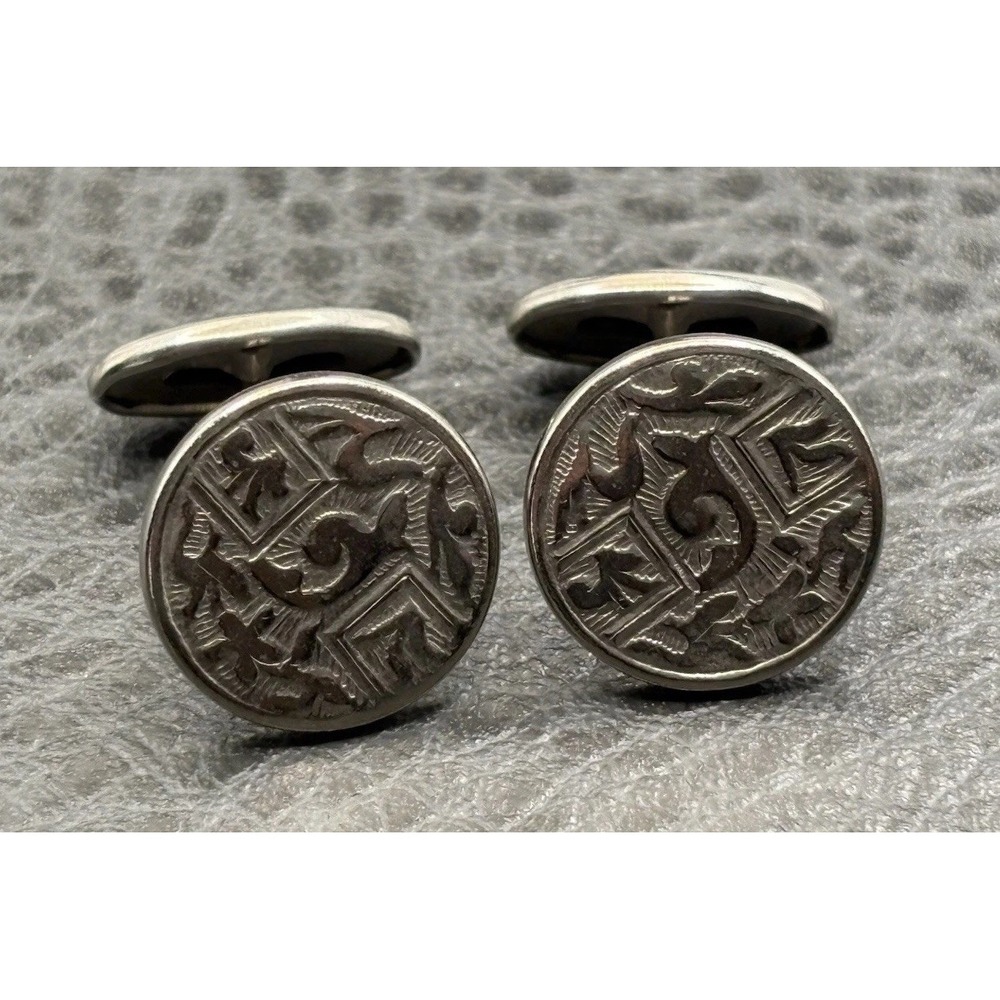 Vintage Art Deco Silver Tone Cufflinks Ornate Etched Pattern